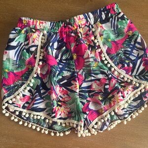 Vibrant Floral High Waist Shorts with Pom-Pom Trim